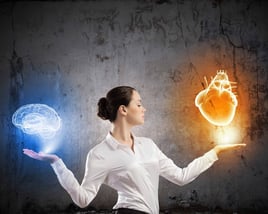 Image of businesswoman balancing with items in palms Image of businesswoman balancing with items in palms